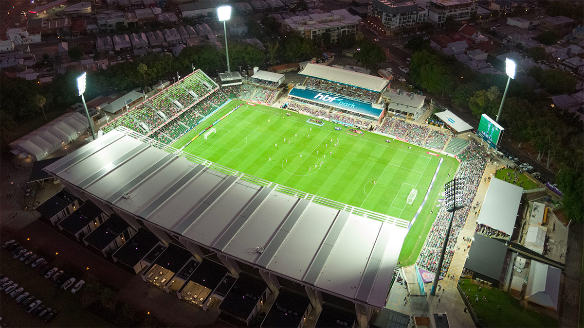An aerial shot of the HBF Park complex